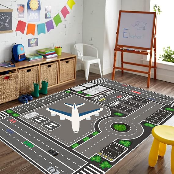 Airport Play Rug, 5x7 ft Kids Airplane Runway Playmat Boys Racetrack for Classroom Living Room Floor Play Mats,Non Slip Rug Backing