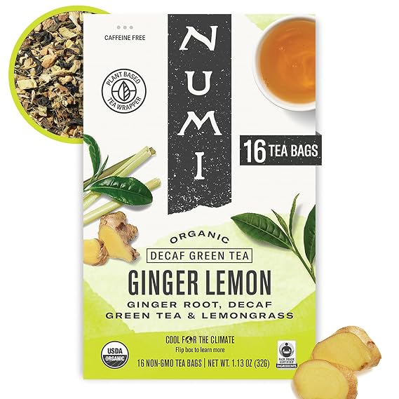 Numi Organic Ginger Lemon Decaf Green Tea, 16 Green Tea Bags, Caffeine Free