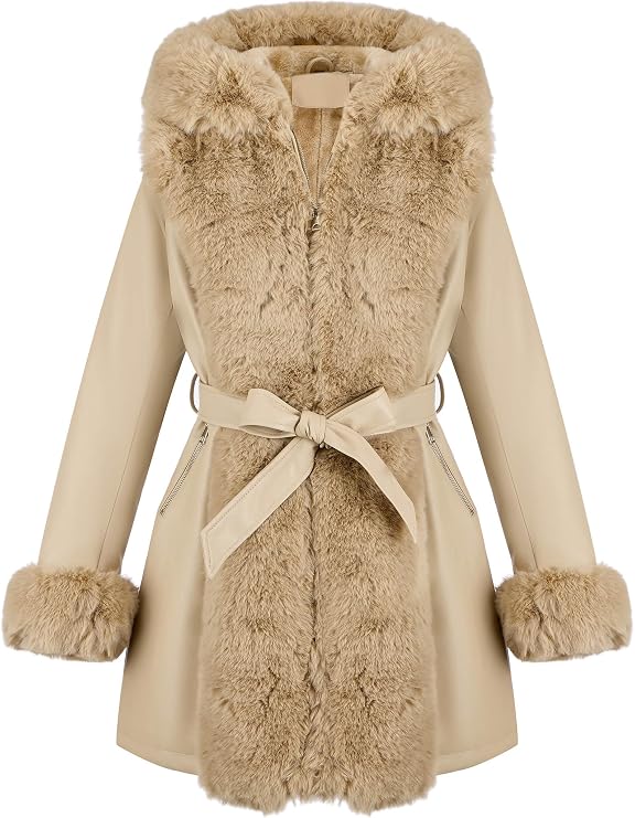 RISISSIDA Women Fur Lined Faux Leather Jacket Winter Coat