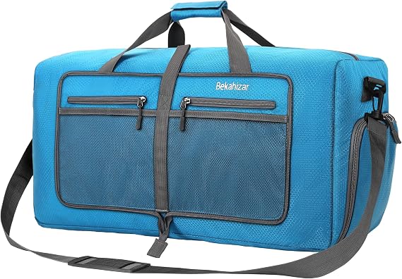 Travel Duffle Bag 60L Lightweight Foldable Holdall Duffels Large Weekend Overnight Bag Packable Carry On Luggage with Shoe Compartment for Men Women Camping Storage Gym Beach (Blue)