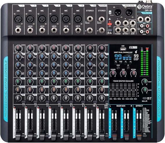 D Debra Audio Mixer 10 Channel, DP-10 Professional Stereo Mixer with 99 DSP Reverb, 7-Band EQ, USB, 48V Phantom Power, One-Click Mute for Karaoke Studio Streaming Recording (DP-10)