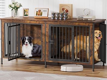 EasyCom Dog Crate Furniture for 1 or 2 Dogs, Heavy Duty Single/Double Dog Crates for Small/Medium/Large Dogs, Dog Kennel Furniture Indoor as TV Stand, Large Size 78.74" L(35-60 Pounds), Brown