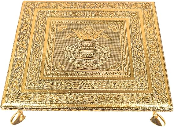 SATVIK 8X8 Inch Puja Choki | Meenakari Chowki for Pooja Table with Kalash Design Murti Statue Choki Mandir Temple Wedding Bajot Stool Stand Home Decor Pooja Festival Gift Items (SIZE 1 (8 INCH))