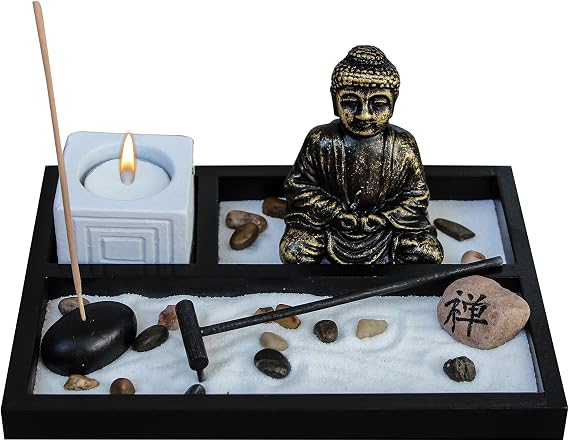 Basic Fundamentals Zen Garden Deluxe Desk Meditation Garden Buddha Statue with Tea Light Holder, Incense Holder, Incense, Rocks, Sand, and Rake (Candle Not Included)