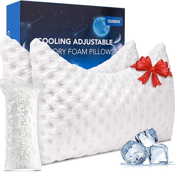 KUCEY Cooling Side Sleeper Pillow for Neck and Shoulder Pain, Luxury Shredded Memory Foam Curved Bed Pillows for Sleeping Set of 2- Adjustable Queen Size- Washable Cover