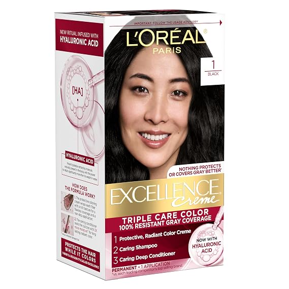 L'Oreal Paris Excellence Creme Permanent Hair Dye, Triple Care Hair Color with Hyaluronic Acid for 100% Gray Coverage, 1 Black, 1 Kit (Packaging May Vary)