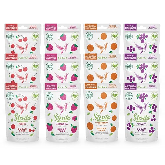 Stevita Hard Candy, Variety Pack - 12 Resealable Pouches - Strawberry, Cherry, Orange & Grape Flavors - Sugar & Aspartame Free - Naturally Flavored & Sweetened - Non-GMO, Gluten Free, Keto Friendly