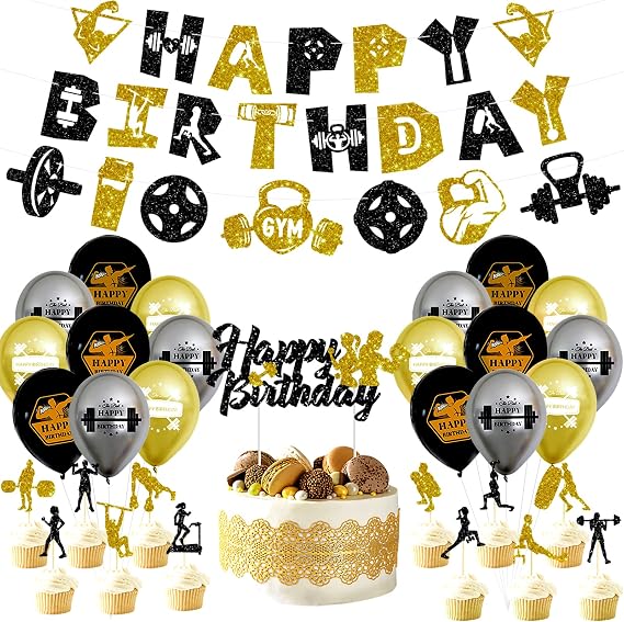 KEFAN Gym Birthday Party Decorations, Black and Gold Fitness Themed Party Supplies with Latex Balloons Fitness Cake Topper Glitter Gym Happy Birthday Banner