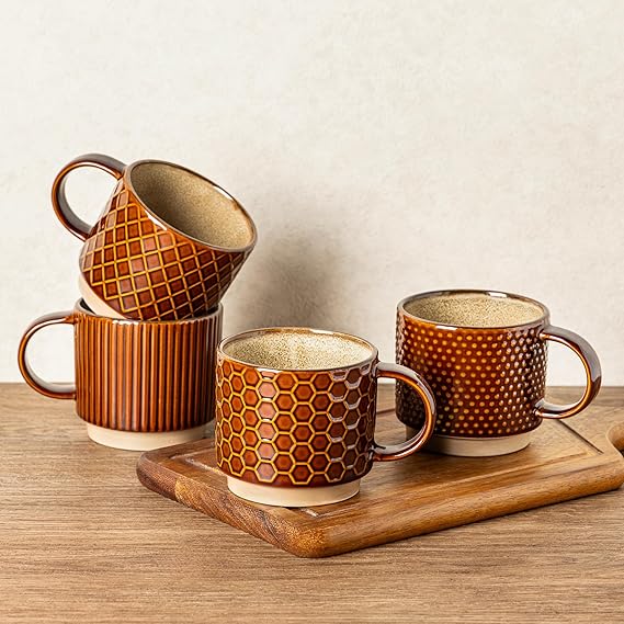 GBhome Set of 4 Stackable Ceramic Coffee Mugs 350ml - Textured Modern Cups for Tea/Latte/Cappuccino, Dishwasher & Microwave Safe, Gift for Men/Women