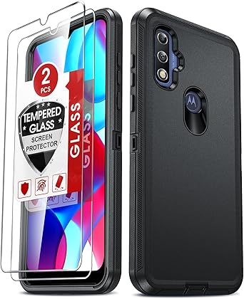 LeYi Compatible for Motorola Moto G-Pure Phone Case: 2 Pack Tempered Glass Screen Protectors, 360 Full Protection, Shockproof Drop Rubber Dustproof Rugged Defender XT2163DL Cover for Men Women, Black