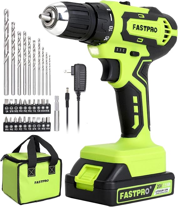 FASTPRO 20V Cordless Drill Driver Kit with Storage Bag, Green