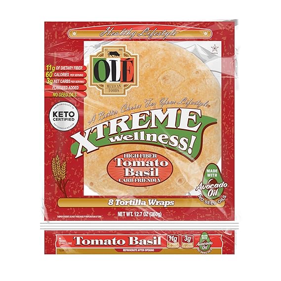 Ole Xtreme Wellness Tomato & Basil | 8" Size Flour Tortillas |Carb Friendly |Keto Certified | 12.7 oz.| 8 Count (Pack of 4)