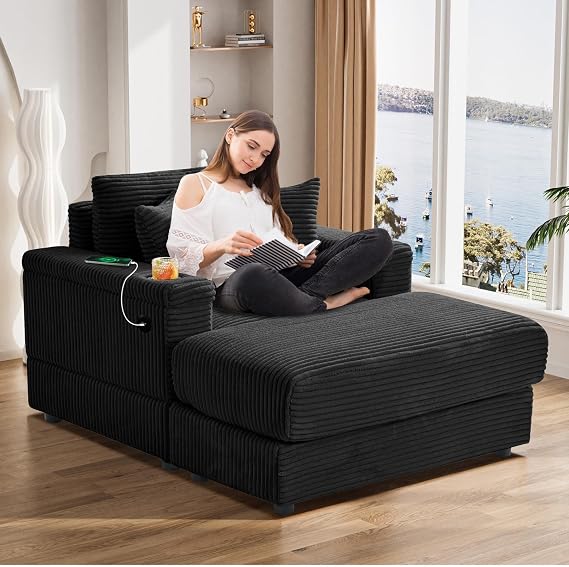 ONEMMLION Oversized Chaise Lounge Chair Indoor Reading Chair with Ottoman 40" Corduroy Deep Seat Chaise Chairs with Adjustable Backrest, USB Port, Cup Holder, Comfy Recliner for Living Room, Black