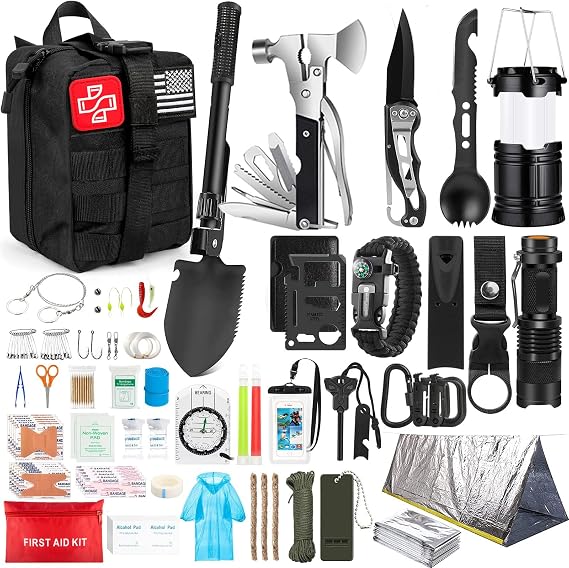 254 in 1 Survival Kit, First Aid Kit for Men | Outdoor Emergencies, Includes Hatchet, Shovel, Flashlight, Tools, Camping, Hiking, Travel