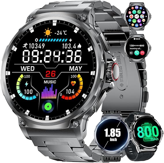 LIGE Smart Watches for Men(Answer/Make Call),1.85" HD Screen Outdoor Sports Smartwatch,800mAh Battery,Heart Rate/Sleep Monitor 5ATM Waterproof Fitness Tracker for Android iOS,3 Straps