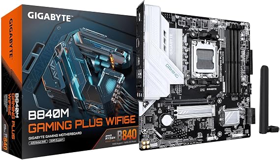 GIGABYTE B840M GAMING PLUS WIFI6E AMD AM5 mATX Motherboard, Support Ryzen 9000/8000/7000 Series, 8+2+2 Power Phase, DDR5, 2x M.2, PCIe 4.0, USB-C 3.2 Gen 1, WiFi 6E, GbE LAN, EZ-Latch,