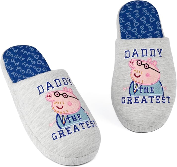 Peppa Pig Slippers for Men | Adults Grey Slip On House Shoes for Daddy