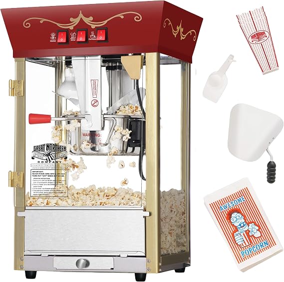 Great Northern Popcorn Matinee 8oz Popcorn Machine, Red | Vintage Style Popcorn Maker Machine with Stainless-Steel Kettle Popper, Reject Kernel Tray, Warming Light, and Accessories