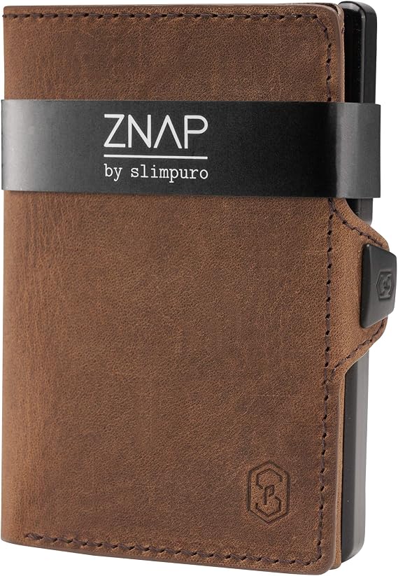 ZNAP Credit Card Holder Wallet with Money Clip - Aluminium Wallet with Coin Case - RFID Blocking - Slim Card Wallet Men Brown Vintage - Up to 8 Cards - Card Holders Men and Women - RFID Card Holder
