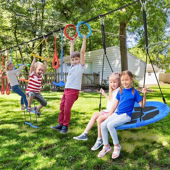 Hapfan 65 ft Ninja Warrior Obstacle Course for Kids with Saucer Tree Swing