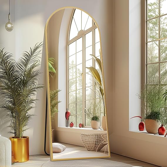 Sweetcrispy 64"x21" Arched Full Length Mirror, Full Body Mirror, Gold | Aluminum Alloy Thin Frame, Floor or Standing, Suitable for Bedroom, Living Room, Cloakroom