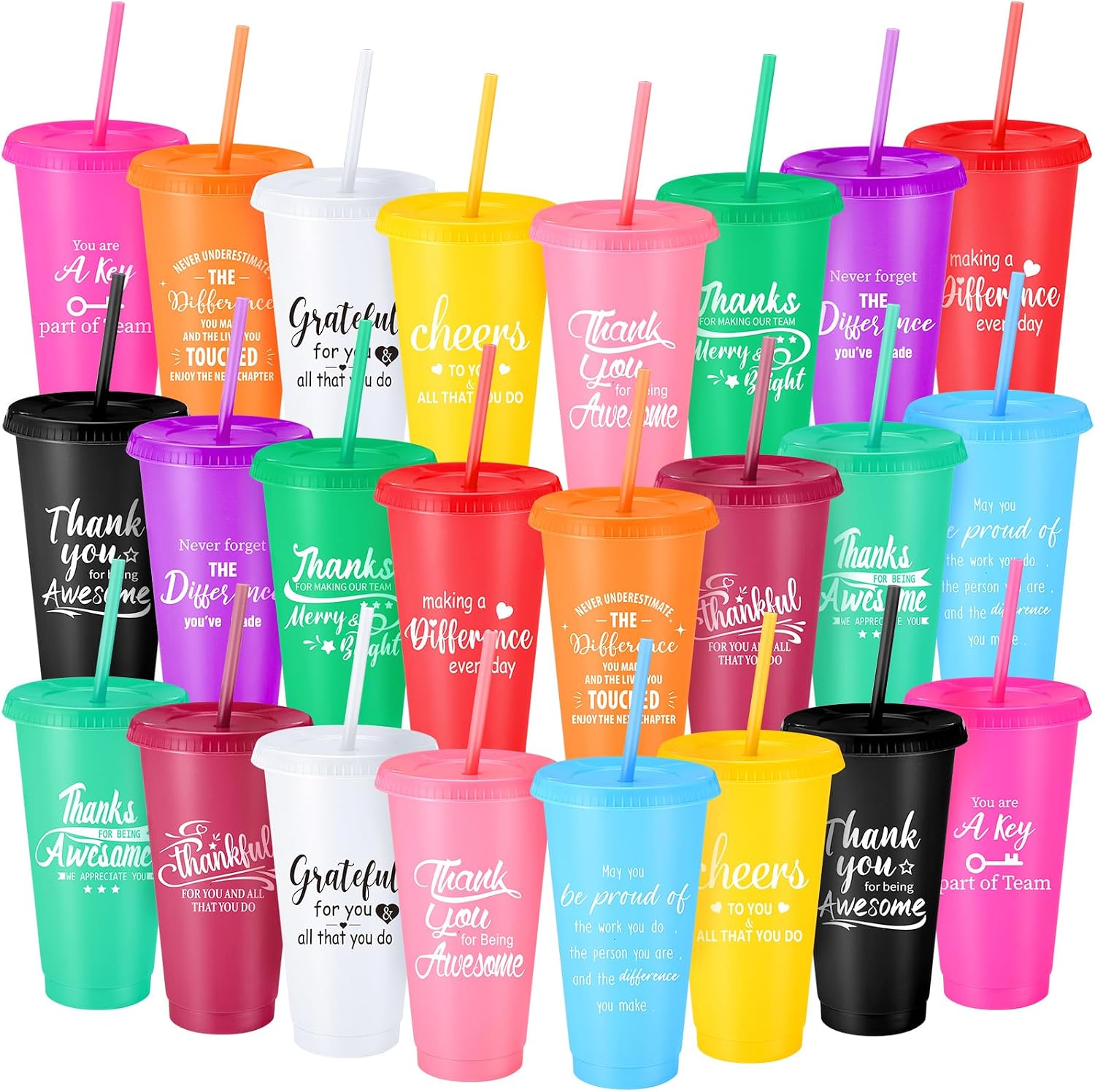 Skylety 24 Pcs Thank You Plastic Cups Bulk Gift for Christmas Tech Week Employee Coworker Appreciation 24 oz Plastic Tumbler Cup with Lid and Straw for Team Staff Nurse Practitioner Cute Color