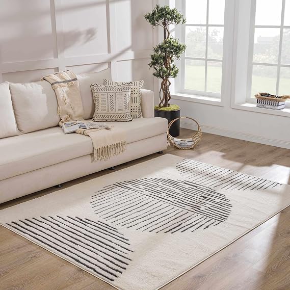 BoutiqueRugs Black Geometric 8x10 Large Area Rug Contemporary Cream Mahsa Great Room Open Concept Master Bedroom Large Dining Room 7'10" x 10' Stain Resistant Non-Shedding Pet Friendly