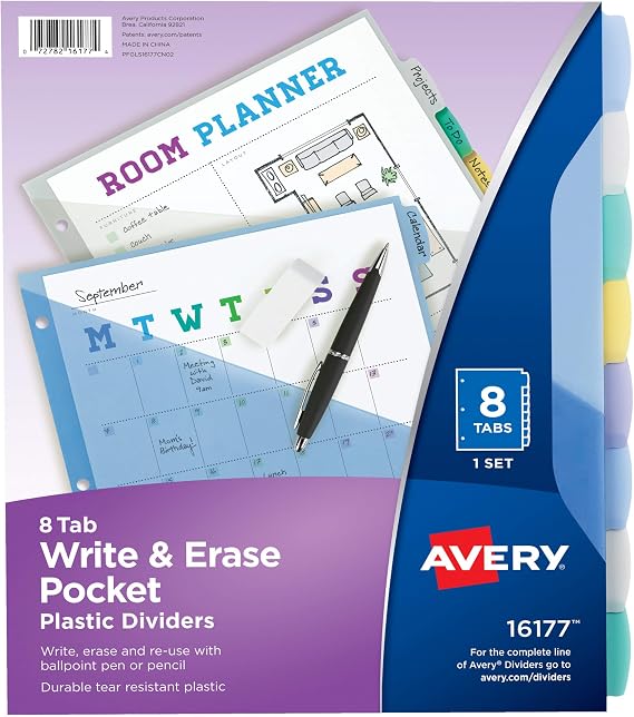 Avery Write & Erase Pocket Plastic Dividers, 8-Tab, Multicolor, 1 Set