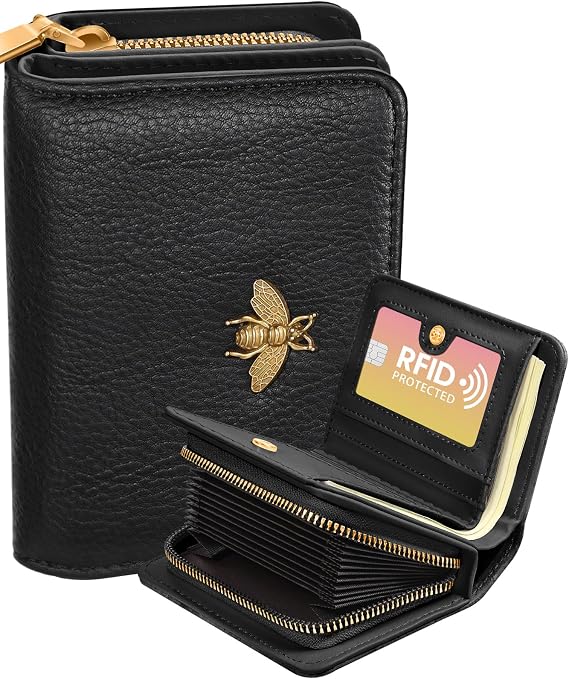 Bistup Leather 12 Slot Accordion Card Holder Wallet, Black Bee | Accordion Storage, Zipper Around Closure, Compact Patterned Wallet for IDs, Cards, Cash, Daily Carry and Gifts