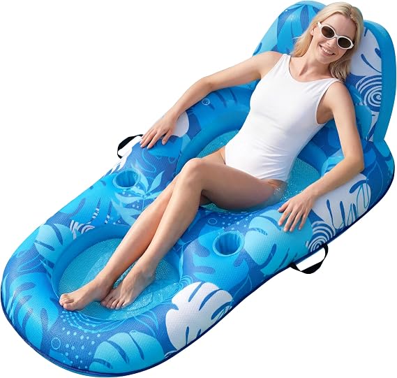 SLOOSH Premium Pool Floats Lounger for Adults - Inflatable Fabric Covered Float Recliner Pool Lounge Chair with Backrest & Cup Holders for Beach Lake Swimming Pool Water