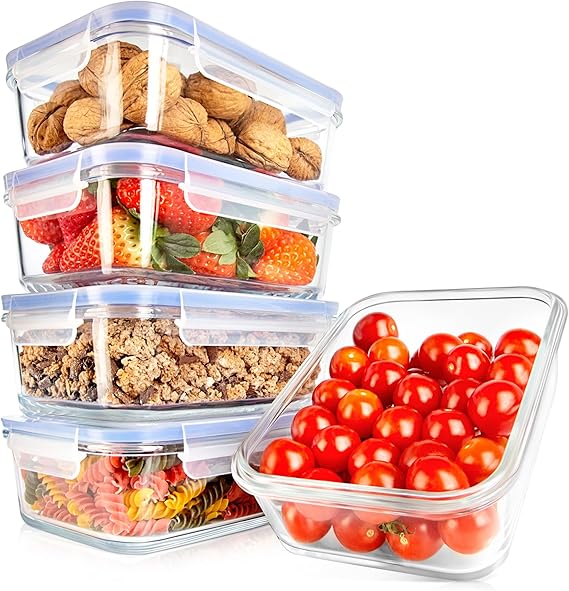 NutriChef 10 Piece Glass Food Storage Containers with Lids 30 oz Meal Prep Containers Reusable Airtight Glass Lunch Containers for Food Storage Freezer to Oven Safe - Blue
