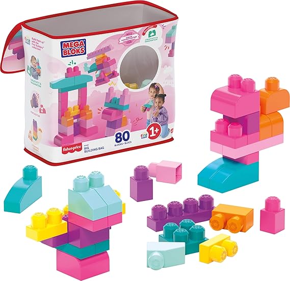 MEGA BLOKS First Builders Toddler Blocks Toys Set, Big Building Bag Collection with 80 Pieces and Storage, Pink, Ages 1 Years