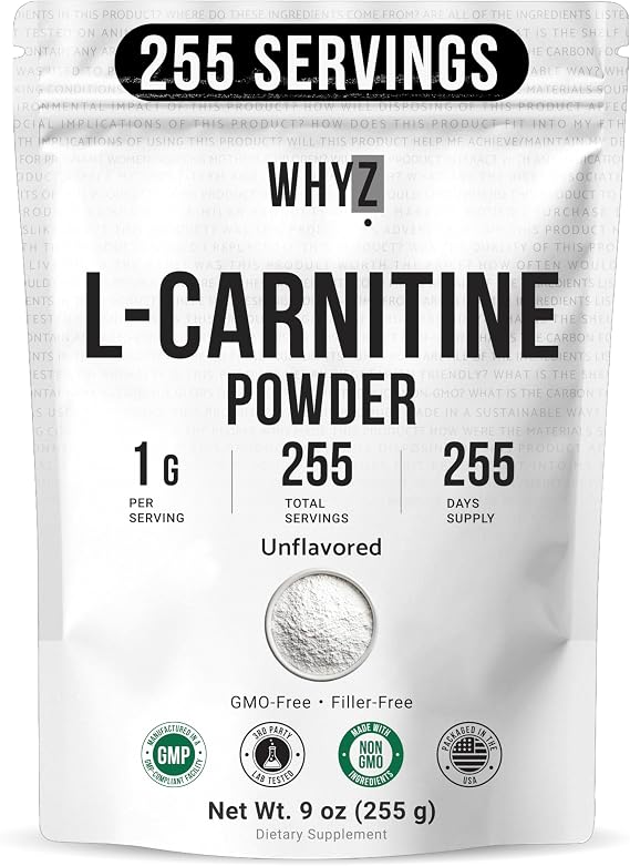 L-Carnitine Powder Unflavored Carnitine Supplement Amino Acid Powder for Nutrition and Active Lifestyle Non-GMO, Zero-Additives & Gluten Free, 255g (9 oz)