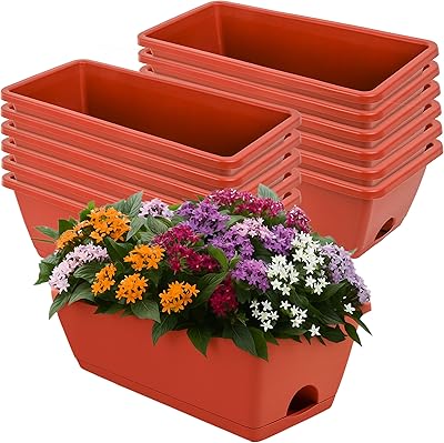 Window Box Planter, 12 Pack Plastic Vegetable Flower Planters Boxes 17 Inches Rectangular Flower Pots with Saucers for Indoor Outdoor Garden, Patio, Home Decor Brick RED Brick RED