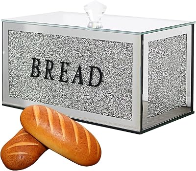 HMRCYTE Large Crystal Glass Bread Container Box with Lid, 12.2 L x 6.3 W x 7.9 H Silver Homemade Bread Storage, Crushed Diamond Home Decor, Keep Bread Fresh Clean, Bread Bin for Kitchen Countertop