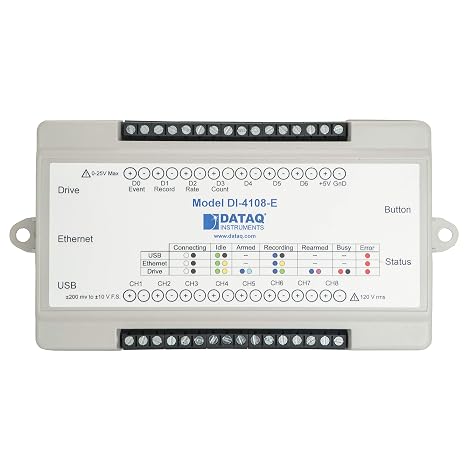 DATAQ DI-4108-E USB and Ethernet 8-Channel Data Logger Records Data to PC or Removable USB Thumb Drive, Measures 200mV to 10V with 16-bit ADC Resolution and 160,000 S/sec. Stand-Alone Enabled.