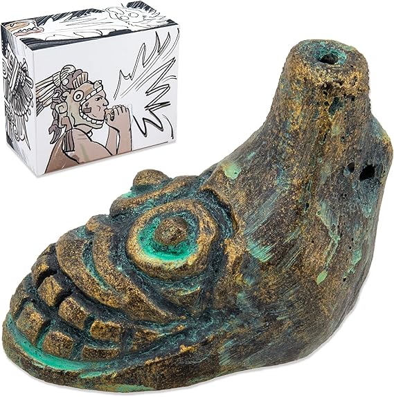 Aztec Death Whistle, Loudest Authentic Human Sounding Scream 125+ Decibels Easy to Blow for Halloween & Collectors (Turquoise & Gold)