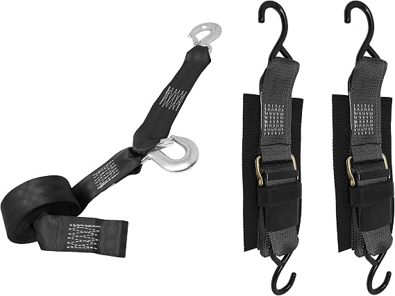 CustomTieDowns Boat Winch and Transom Straps Bundle. Winch Strap is 2 Inches Wide with A 10 Inch Safety Strap. Transom Straps are 4.5 Feet Long with Black Hardware.