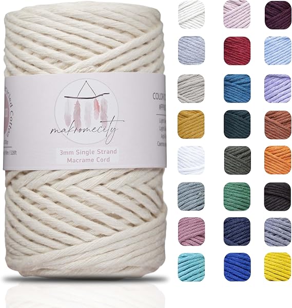 Makromecity, Tek Telli Makrome İpi 3 mm x 100 Metre (328 fit) 3mm Tek Telli Doğal Pamuk İp, Makrome Sanat ve El Sanatları için Duvar Süsleri İçin Geri Dönüşümlü Pamuk İp İpliği DIY (Ekru, 1 Makara)