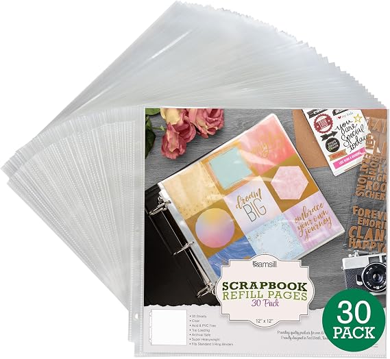 Samsill Scrapbook Refill Pages 12x12 Inch, 30 Pack, Fits 3 Ring Scrapbook Binders and 12x12 Photo Albums, Top-Loading, Heavy-Duty, Holds 2 Pages, Super Clear