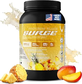 PRO-SURGE Clear Protein Powder Mango Pineapple Flavor 454g - 30 Scoops, 25g Plant-Based Protein Isolate - Sugar-Free, Dairy-Free, Soy-Free, Gluten-Free Hydration, Clear & Refreshing Juice-Like Drink
