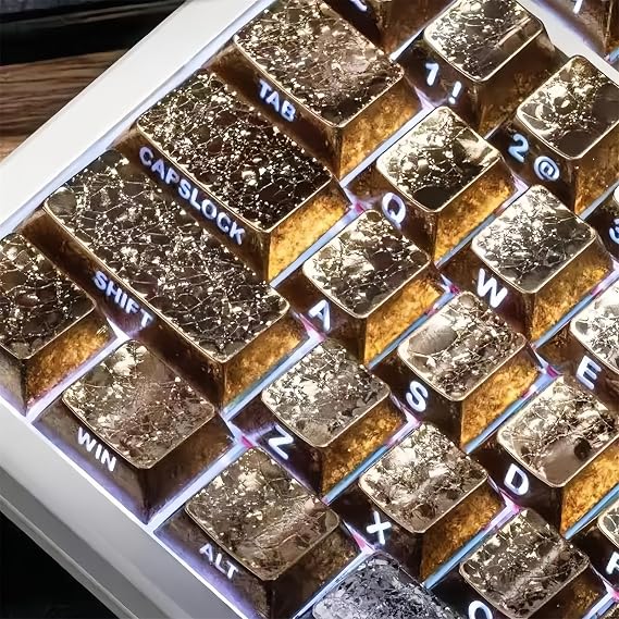 Custom Metal Textured Keycaps,60% Side Printed Shine Through PBT Keycaps Cherry Profile 61 Keys Set for Cherry Gateron MX Switches Woot60HEMADLIONS MAD 60 HE Mechanial Gaming Keyboard Gold