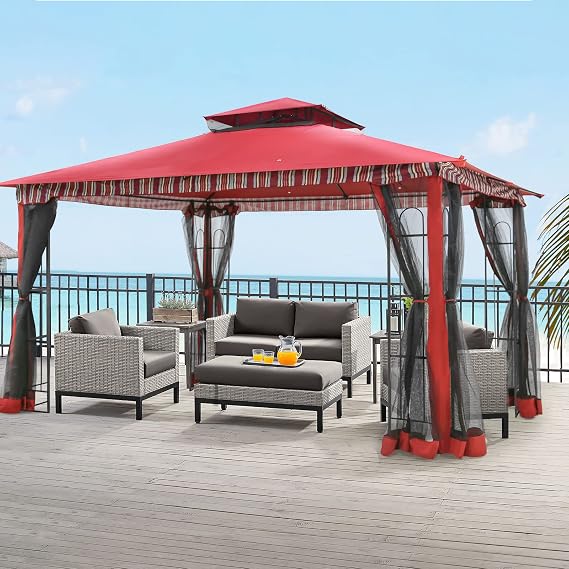 13x11 Ft Canopy Gazebo with Netting, Double Roof Canopy Shelter with Frame for Outdoors, Patio/Deck/Garden/Yard/Poolside, Red