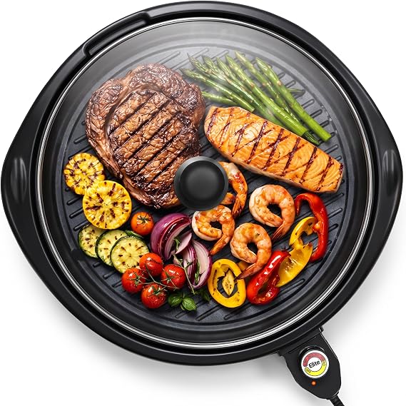 Elite Gourmet EMG-980BX Indoor Electric Round Grill, Non-Stick, 14" Black | Cool-touch handles, fast heat-up, dishwasher-safe with glass lid - great for low-fat meals, easy cleanup