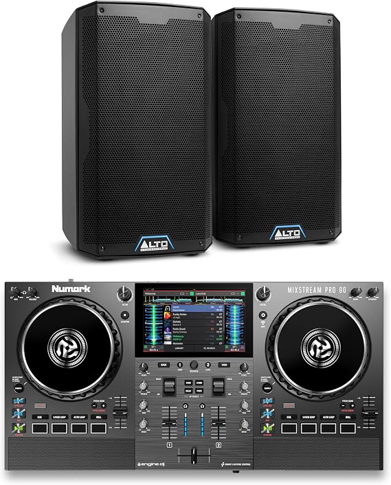 Numark Mixstream Pro Go DJ Controller and ALTO TS410 Powered PA Speakers Pair for Live Music, DJ sets, Events, Music production