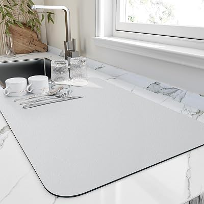 Dish Drying Mat for Kitchen Counter, Heat Resistant Drainer Mats with Non-slip Rubber Backed, Hide Stain Kitchen Super Absorbent Draining Mat, Easy to Clean Dish Rack Pad, Light Grey 16x20
