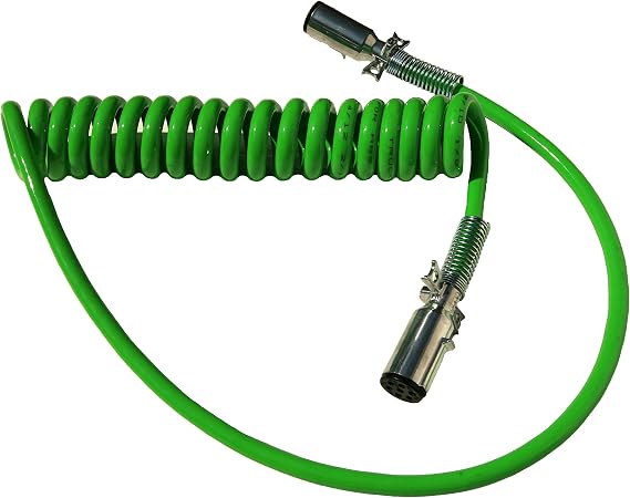 7-Way Truck and Trailer Electrical Coiled Cable ABS Duty Green, 15' Length; 1 X 12 & 1 X 40 Leads