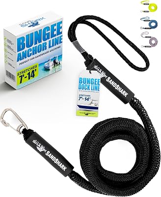 SandShark Premium Anchor Bungee Dock Line. Boat Accessories Anchor Line Absorbs Shock to Anchors and Docks wStainless Steel Clip - Black - 7-14ft