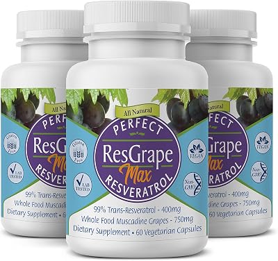 Perfect ResGrape Max, 60 vegetable capsules per bottlePack of 3 ~ 99% Trans-Resveratrol & Muscadine Grape ~ Anti-Aging Supplement & Potent Antioxidant