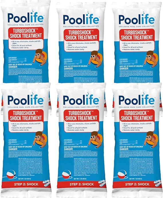 Poolife Turbo Shock to Eliminate Algae, Bacteria & Cloudy Water - Strongest 78% Calcium Hypochlorite Pool Shock - Fast-Dissolving, No Pre-Mixing - Safe Chlorine Shock for All Surfaces - 6 X 1lb Bag
